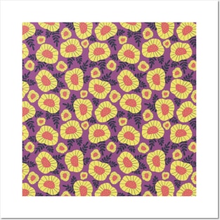 Abstract yellow and blue Scandinavian flowers on purple Posters and Art